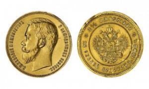 Золотые монеты, отчеканенные в 1908 году номиналом в 25 рублей